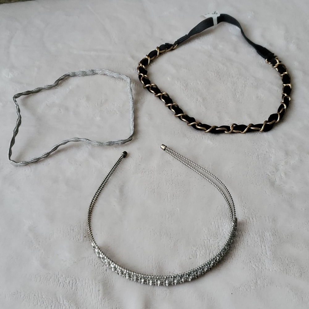 3 piece Headband Set Rhinestone Chain & Silver